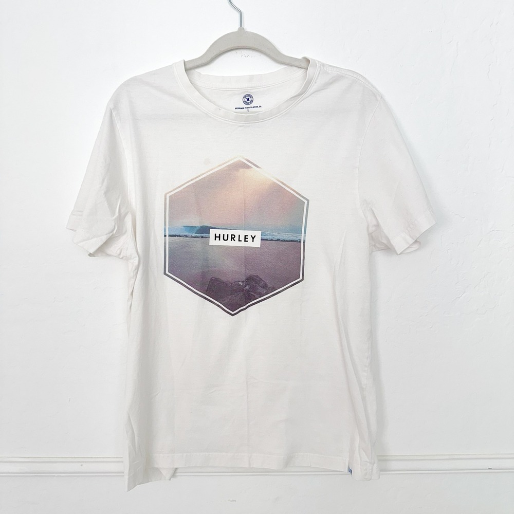 Hurley Mens Graphic T Shirt White Hexagon Beach Sunset Logo Size Large‎